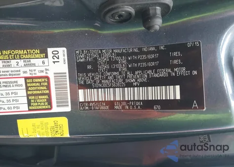 2015 Toyota Sienna Xle 8 Passenger z USA, uszkodzony, nr VIN 5TDYK3DC5FS639225